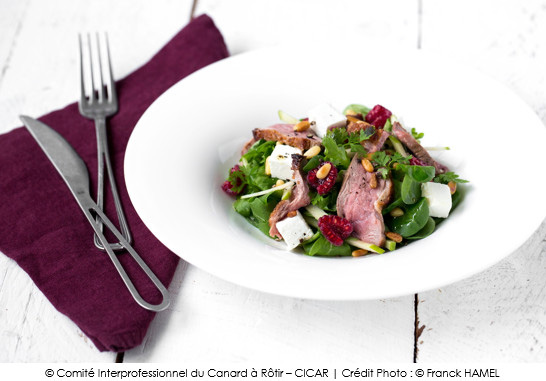 salade_de_filet_de_canard_grille_au_chevre_pomme_framboise_et_vinaigrette_acidulee