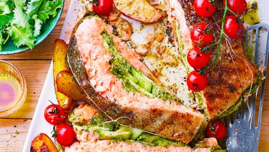 Rôti de saumon pesto de Comté courgettes