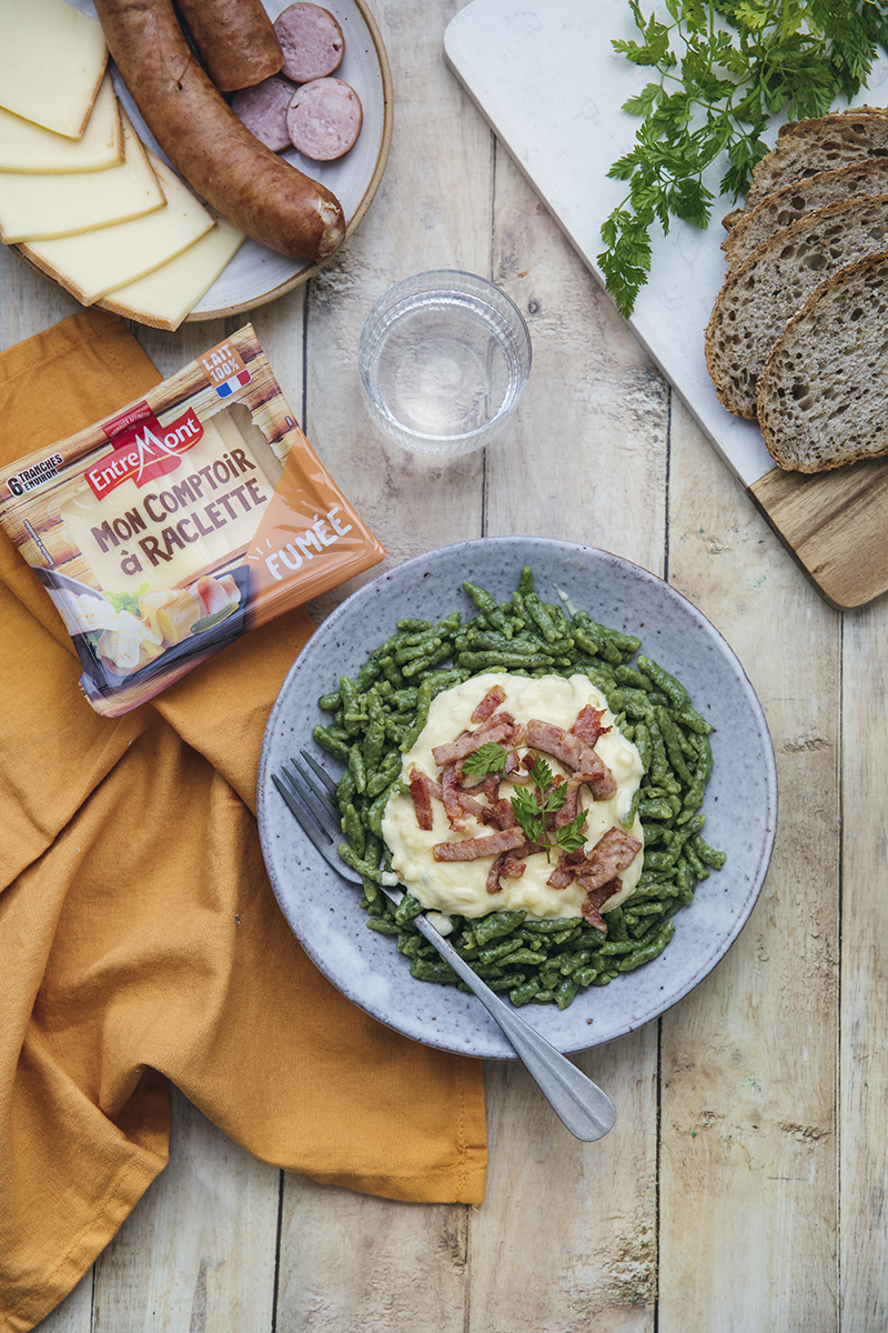 Spaetzle alsaciens aux épinards et crème de raclette « fumée » Entremont
