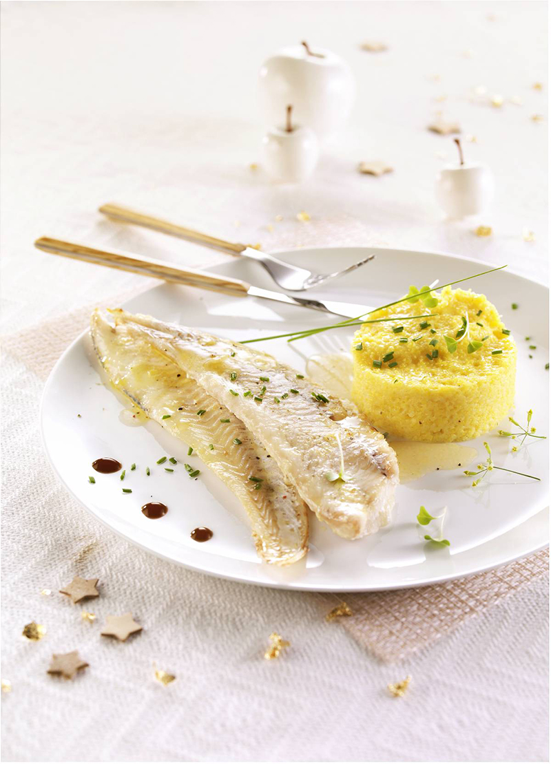 Églefin rôti polenta crémeuse relevée de ciboulette