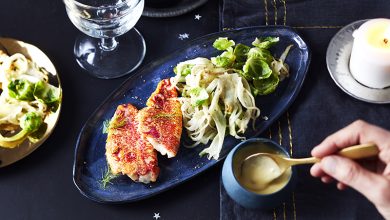 Filet de rouget, sauce à l’orange, fenouil, tombée de choux de Bruxelles
