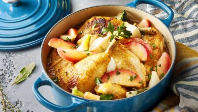 Cocotte de volaille aux pommes, cidre et sauce soja