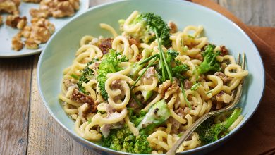 Spaghetti courts chèvre, figues et brocoli