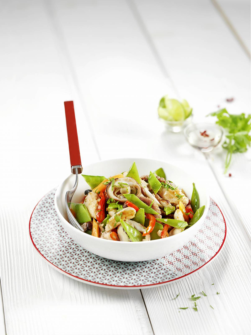 Fricassée de poulpe au poulet petits légumes