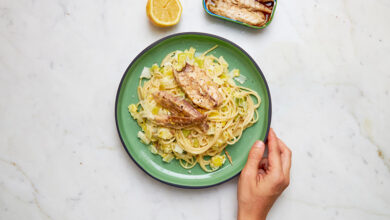 Spaghetti poireaux p’tits filets de maquereaux