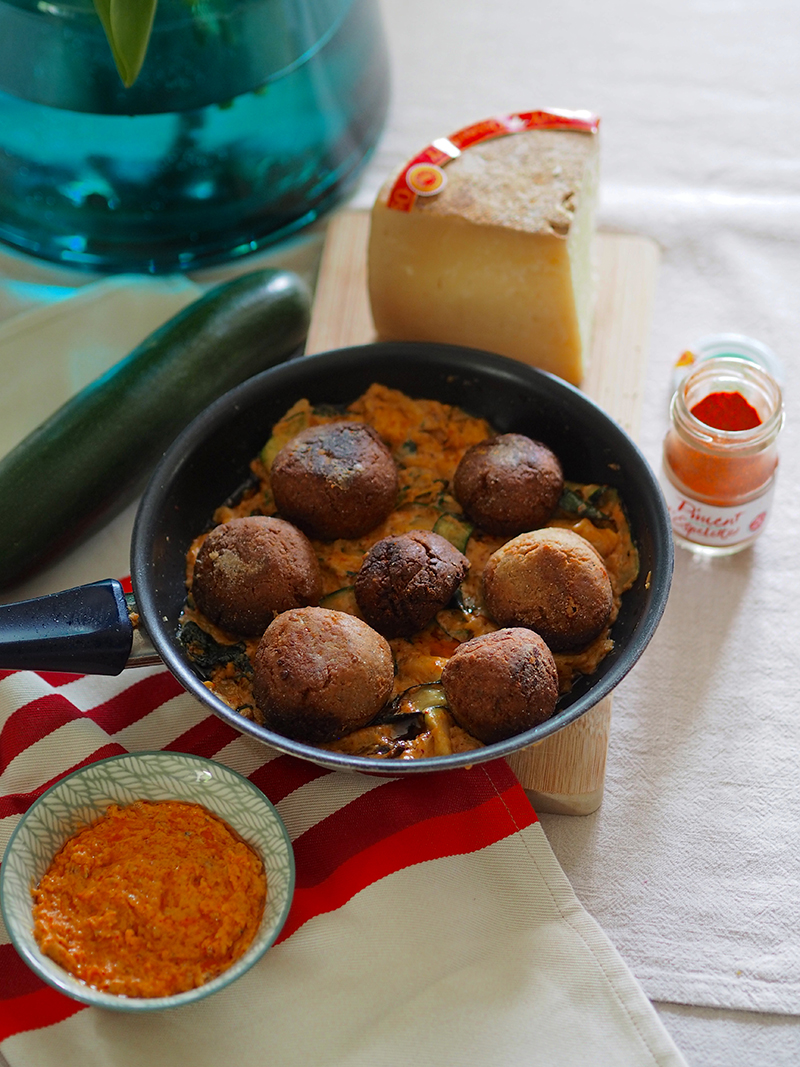 Boulettes Quinoa cœur fondant d’Ossau-Iraty tagliatelles de courgettes