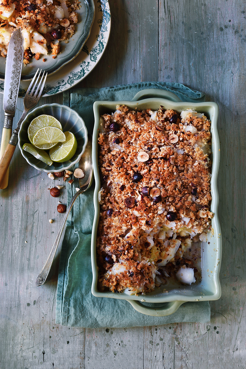 Crumble de cabillaud Cantal noisettes