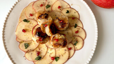 Carpaccio pommes Pink Lady® Saint-Jacques snackées