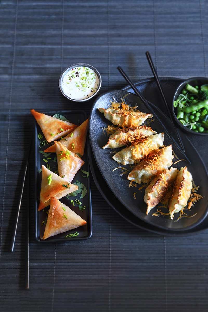 Gyozas poulet mimolette - Samoussas fromage frais légumes 