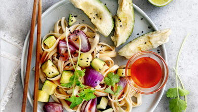 Nouilles piment doux tempura d’avocat