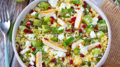Couscous perlé kiwi, poulet, feta menthe