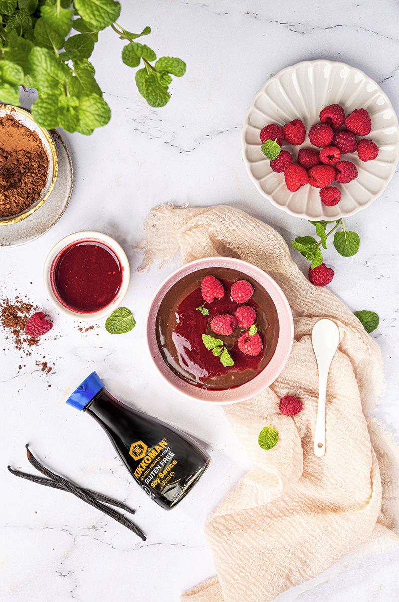 Riz au lait chocolat coulis de framboise