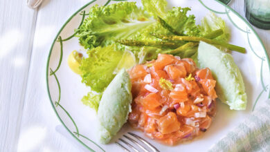 Tartare de saumon glace aux asperges vertes