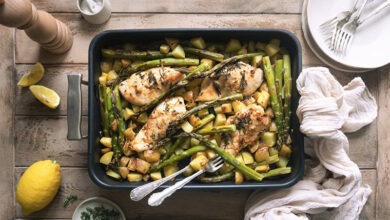 Poulet miel citron, pommes de terre primeur rôties asperges
