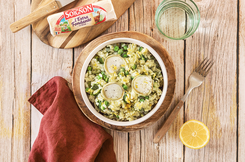 Risotto petits pois courgette, Bûche SOIGNON
