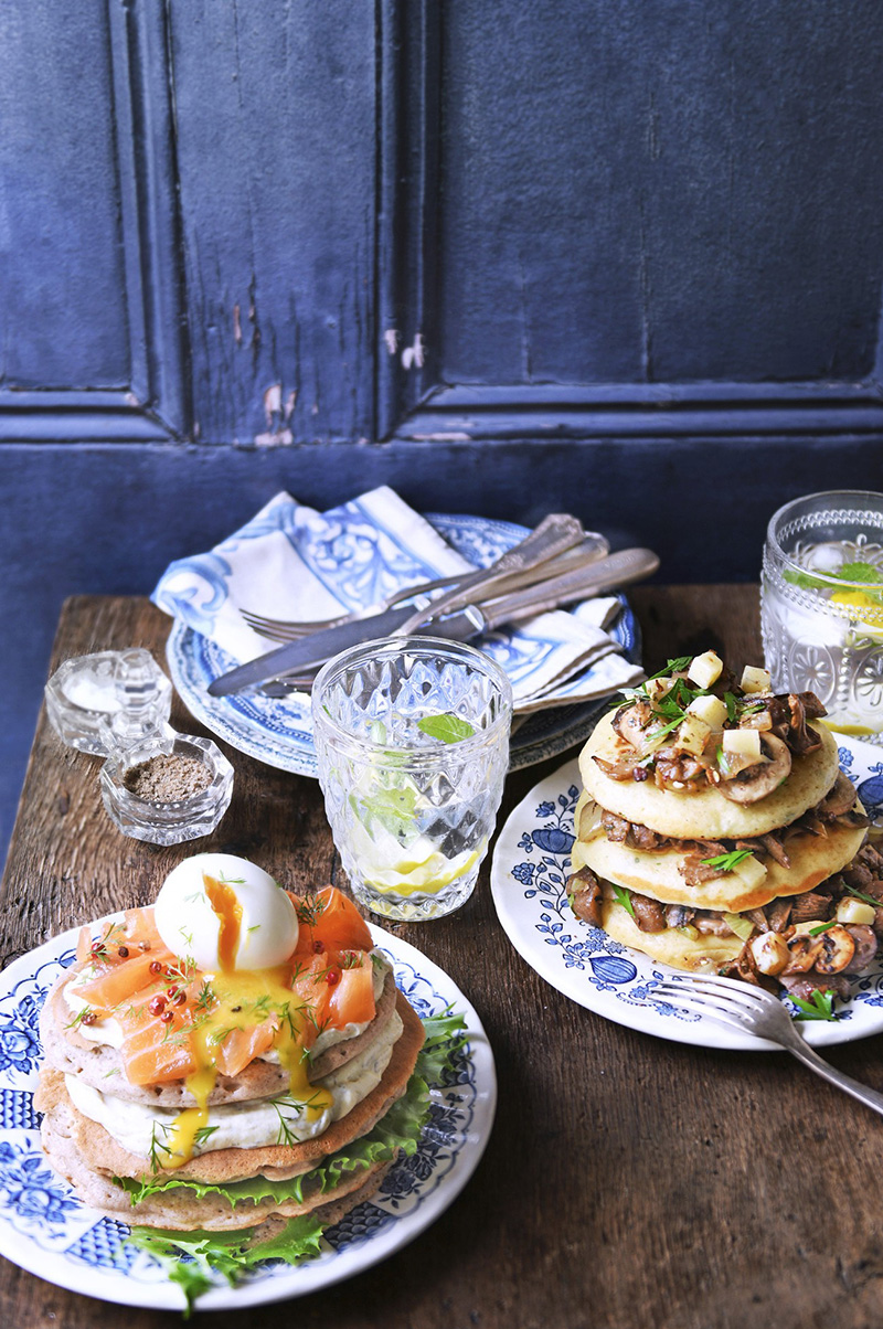 Pancakes saumon crème d’aneth champignons-châtaignes Comté