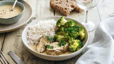 Rognons de veau sauce moutarde, riz brocolis