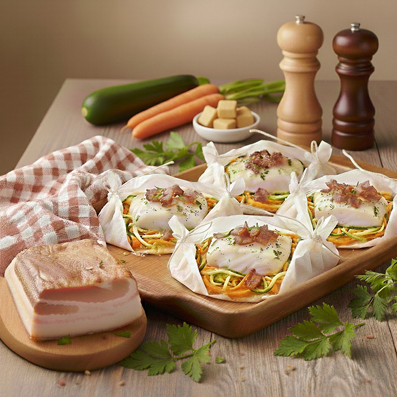Papillotes de skrei, julienne de légumes lardons fumés