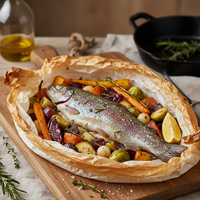 Truite entière papillote, légumes d’hiver rôtis herbes fraîches