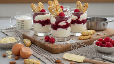 Mousse chocolat blanc, coulis de framboises, biscotti amandes