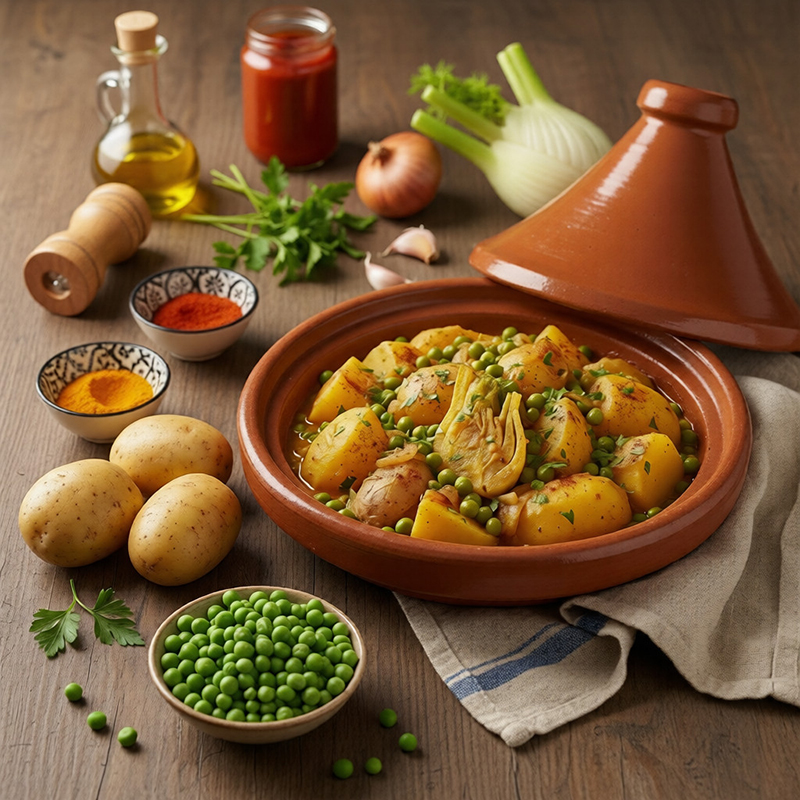Tajine de fenouil, pommes de terre petits pois