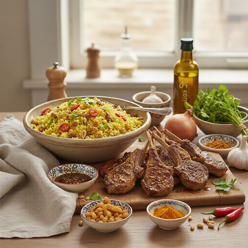 Couscous safran côtelettes d’agneau marinées