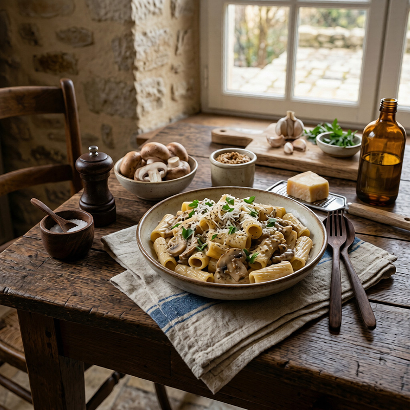 Rigatoni champignons, moutarde à l’ancienne parmesan