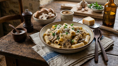 Rigatoni champignons, moutarde à l’ancienne parmesan