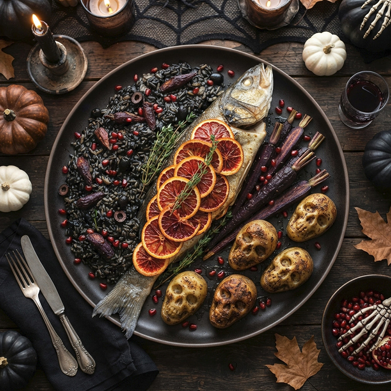 Loup de mer d’Halloween, risotto noir pommes de terre crânes