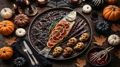 Loup de mer d’Halloween, risotto noir pommes de terre crânes