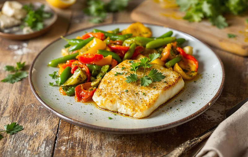 Filet d’églefin au curcuma, poêlée de légumes du soleil | A Vos Assiettes