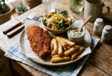 Poisson pané, frites au four salade croquante
